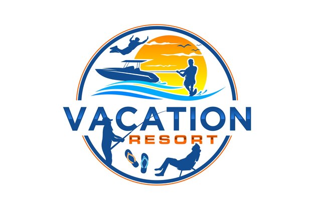 Illustrazione di simbolo dell'icona di azione di sport d'acqua di vacanza sulla spiaggia di progettazione di logo della barca di sci nautico