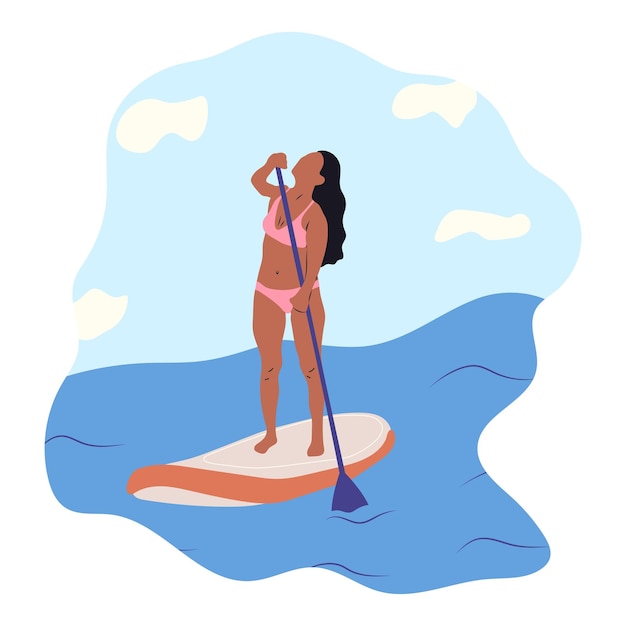 Watersport Jonge vrouw staande op sup board geïsoleerd Surfers en anderen tijdens het windsurfen