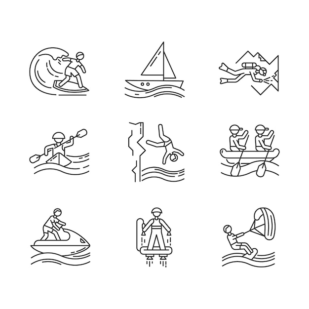 Watersports linear icons set