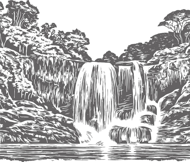 waterval in het bos in vector stencil tekening