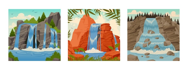 Waterval posters Cartoon bergrivier waterval landschappen Streaming water cascade landschap platte vector illustratie set