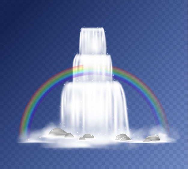 waterval. realistisch vallend water met mist, spatten, bergrotsen en regenboog