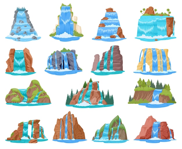 Waterval set Cartoon wilde natuur rivier waterval met rotsen en bomen stromen water cascade landschap vlakke vector illustratie set Waterval stromen collectie