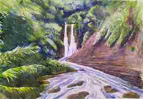 Vector watervallen en bergbomen met de hand getekend aquarel schilderij natuur landschap illustratie