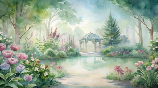 Waterverf achtergrond met een bloeiende tuin