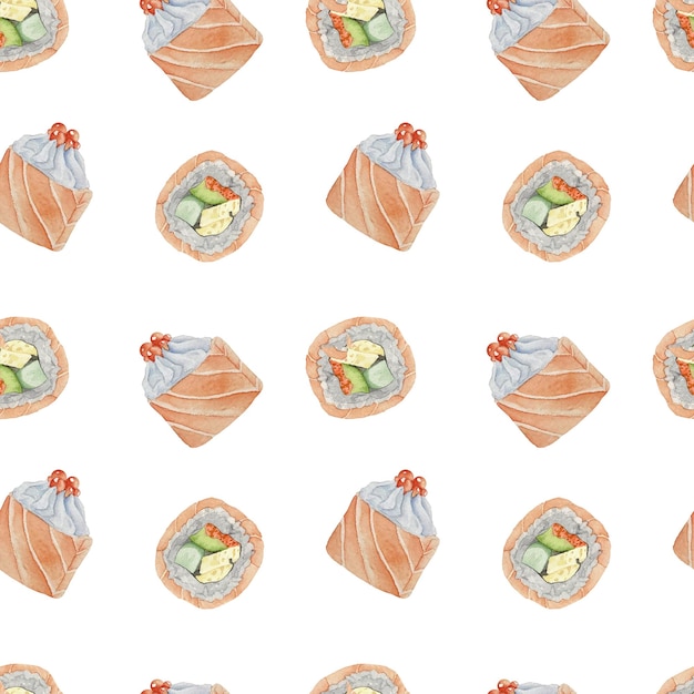 Waterverf aziatisch naadloos patroon met uramaki sushi zij- en bovenaanzicht met op witte achtergrond