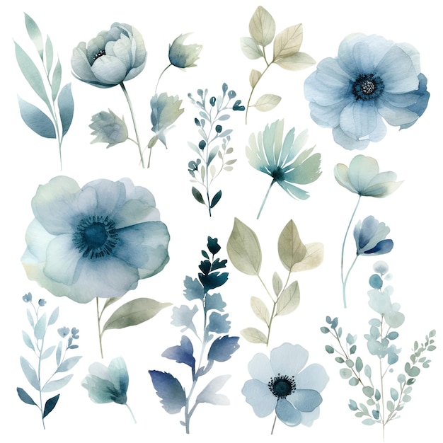 Waterverf Bloem Collectie Blauwe Bloemen Illustraties Eenvoudige Ontwerpen Groeten Wallpapers Mode