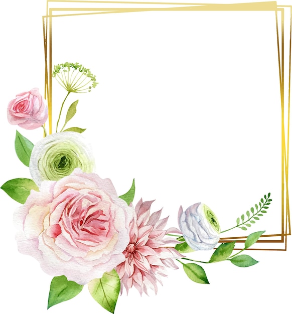 Waterverf bloemenframe met rozen