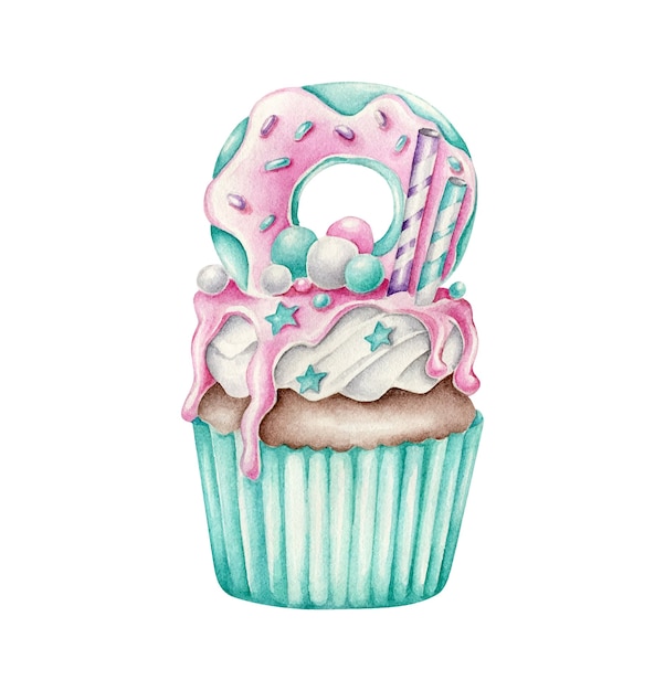 Waterverf cupcake met dessert bovenop