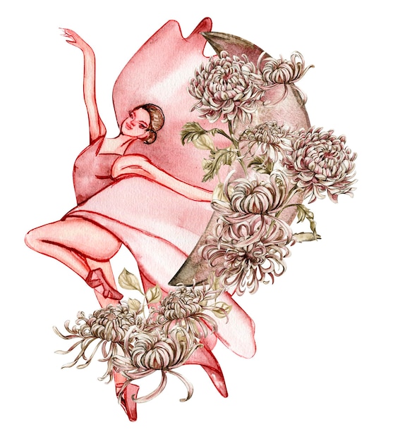 Waterverf dansende roze mooie ballerina met bloemen en maan. Aquarel hand getekende illustratie.