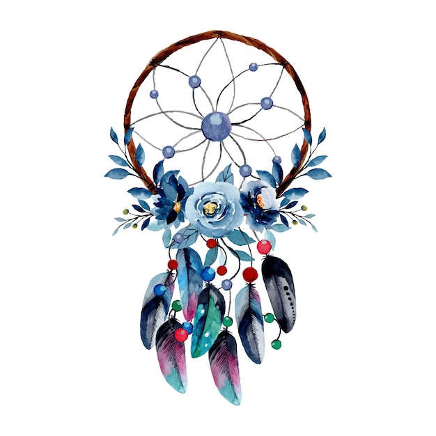 Waterverf dream catcher met blauwe bloem en veer