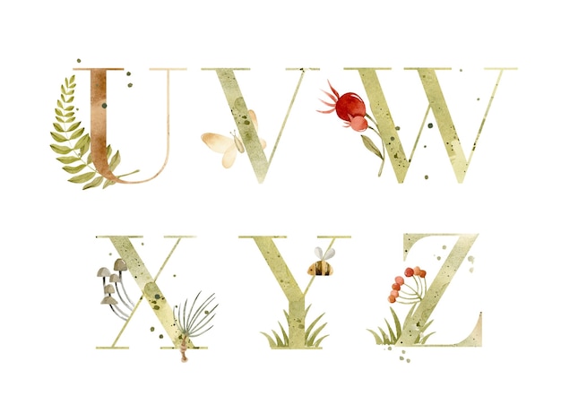 Waterverf getextureerde letters van U tot Z in hoofdletters met decoratie van natuurlijke elementen