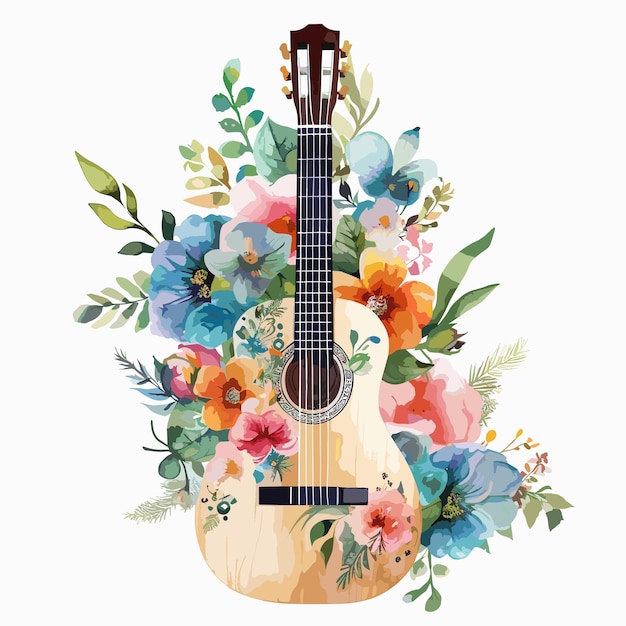 Vector waterverf gitaar bloemige illustratie