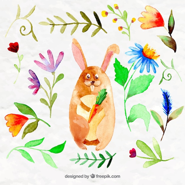 Waterverf het konijn met bloemen en bladeren