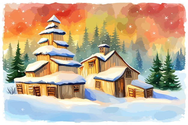 Vector waterverf huis in het winterbos kerst vector illustratie met dennenbomen met geschenken en sneeuw