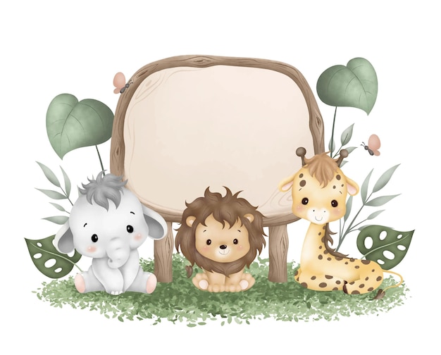 Vector waterverf illustratie houten bord met schattige baby safari dieren zitten op groen gras en bladeren