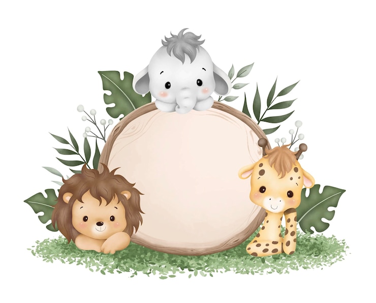 Vector waterverf illustratie houten bord met schattige baby safari dieren zitten op groen gras en bladeren