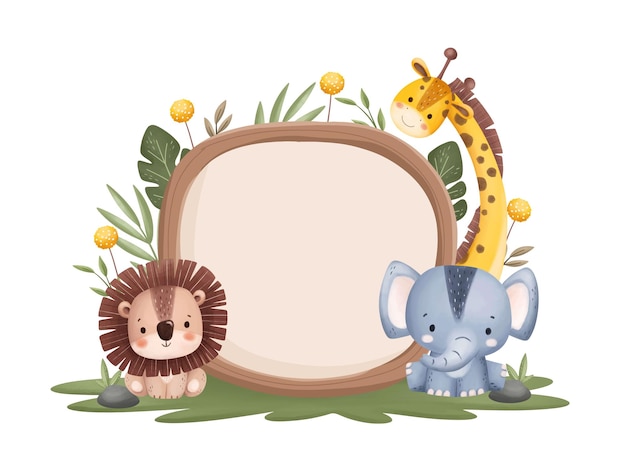 Vector waterverf illustratie houten bord met schattige safari-dieren en tropische bladeren