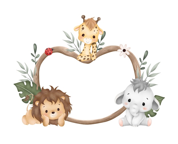 Waterverf illustratie houten frame met schattige baby safari dieren zitten op groen gras en bladeren