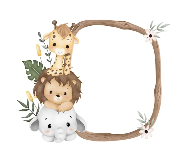 Vector waterverf illustratie houten frame met schattige baby safari dieren zitten op groen gras en bladeren