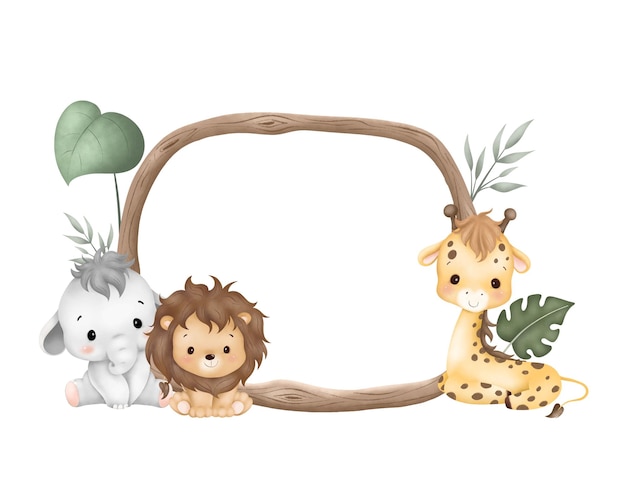 Waterverf illustratie houten frame met schattige baby safari dieren zitten op groen gras en bladeren