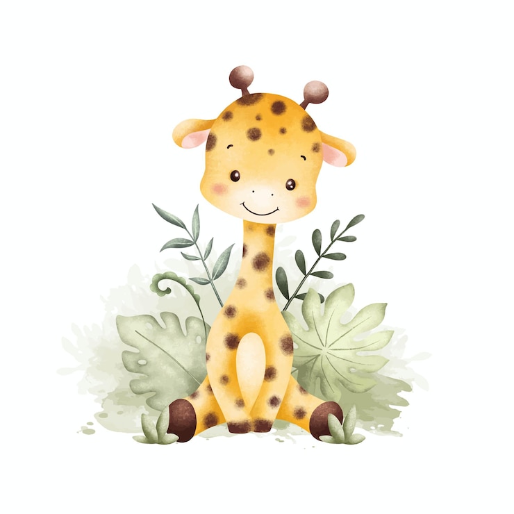 Vector waterverf illustratie leuke baby giraffe en tropische bladeren