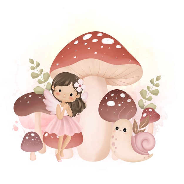 Vector waterverf illustratie mooie fee en paddenstoelen in een tuin met bloemen en bladeren