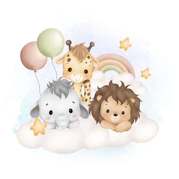 Waterverf illustratie schattige baby dieren op wolk met ballonnen en sterren