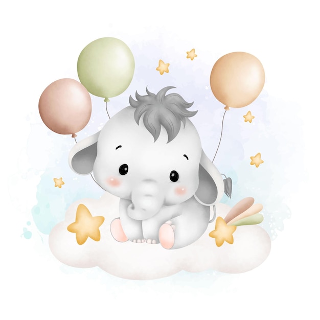 Waterverf illustratie schattige baby olifant op wolk met ballonnen en sterren