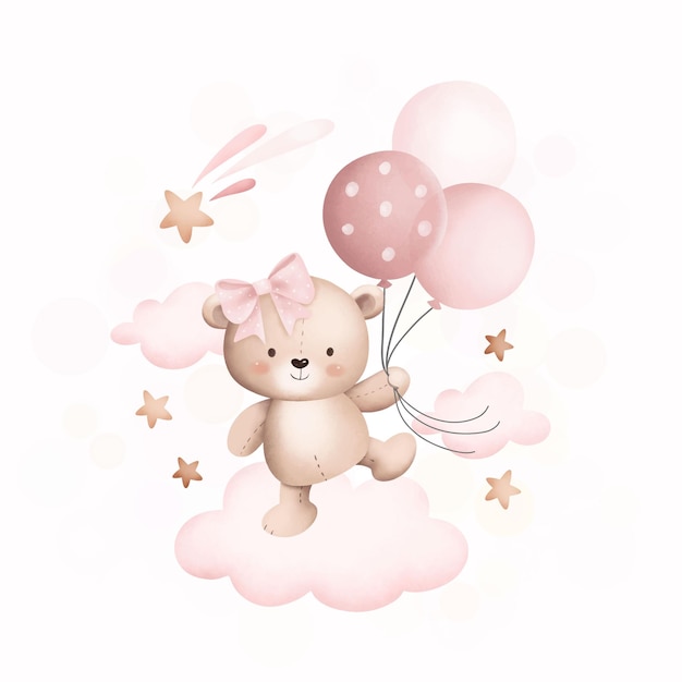 Waterverf illustratie schattige teddybeer op de wolk met ballonnen