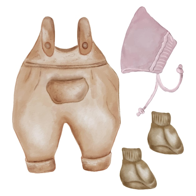 Waterverf illustratie set met baby kleding geïsoleerd op witte achtergrond Hand getekende romper pak en pet Baby laarzen in pasteltinten Elementen voor kaart tags uitnodiging druk verpakking