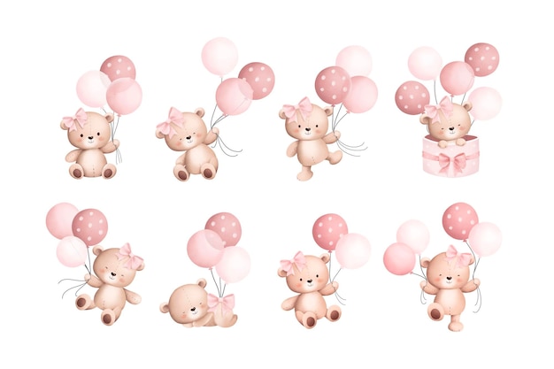 Waterverf illustratie set van baby teddy beren en ballonnen