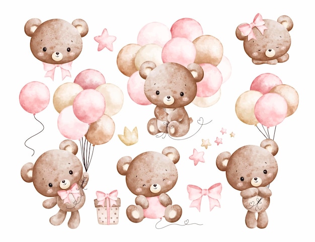 Waterverf illustratie set van baby teddy beren en ballonnen