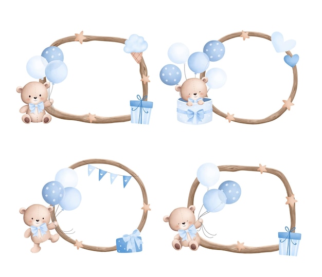 Waterverf illustratie set van houten frame met teddybeer