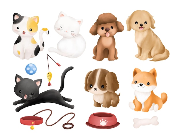 Vector waterverf illustratie set van leuke katten en honden