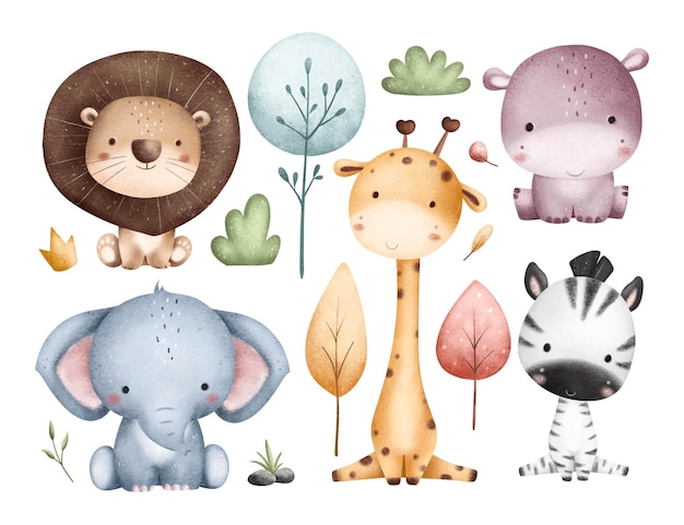 Waterverf illustratie set van safari dieren en tropische bladeren
