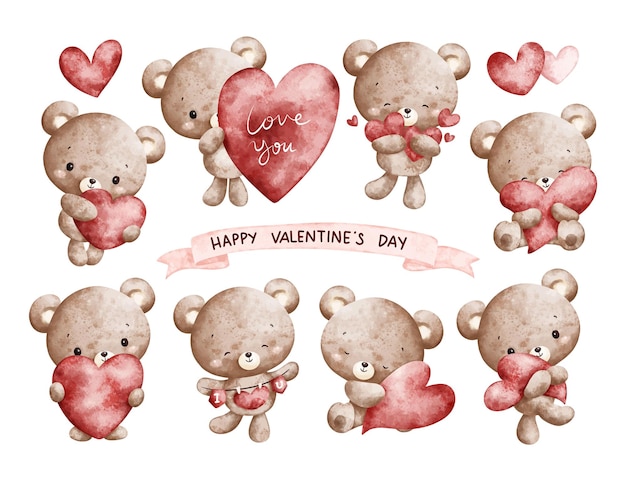 Waterverf illustratie set van Valentine Teddy Bear en Red Heart