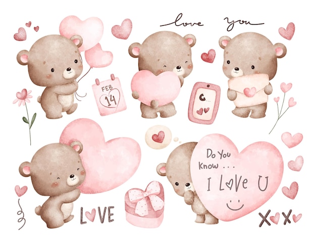 Waterverf illustratie set van Valentine Teddy Bear met een roze hart