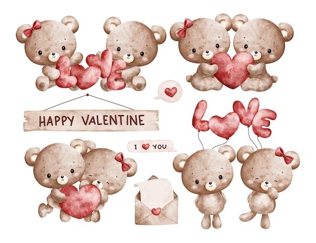Waterverf illustratie set van Valentine Teddy Bear