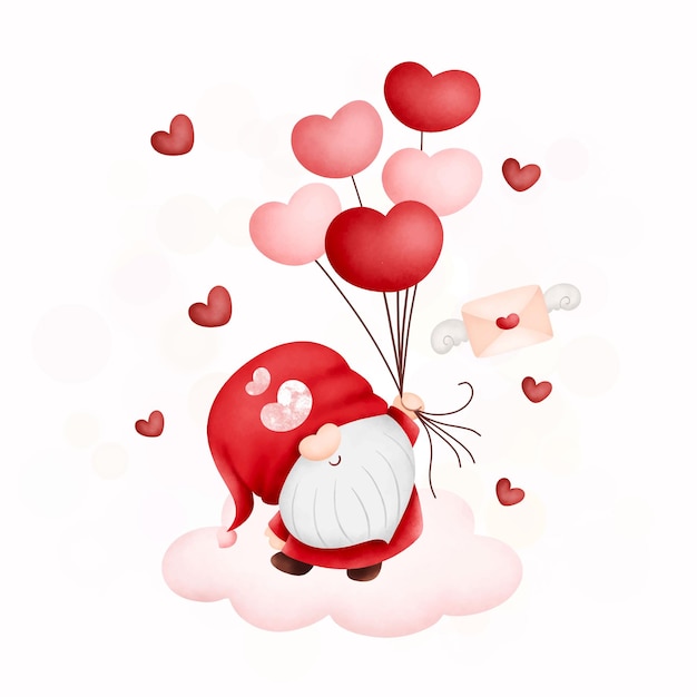 Vector waterverf illustratie valentine gnome met hart en ballonnen