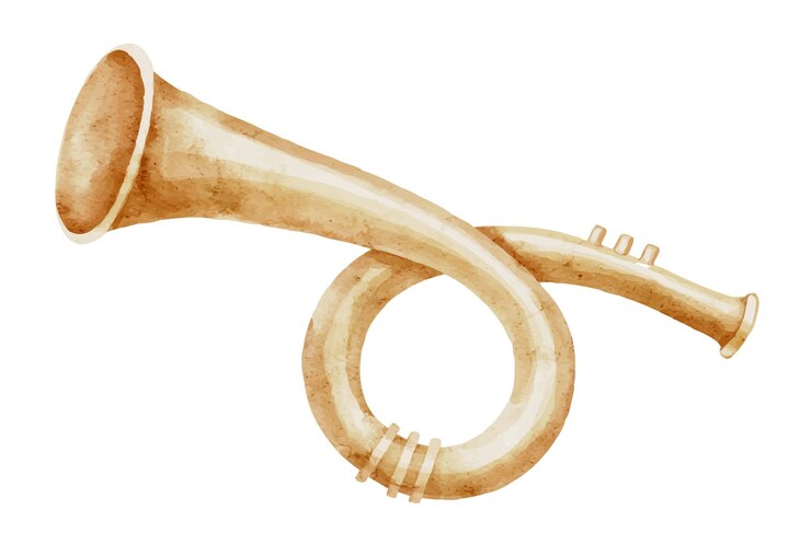 Vector waterverf illustratie van trompet op geïsoleerde achtergrond tekening van gouden muziekinstrument voor