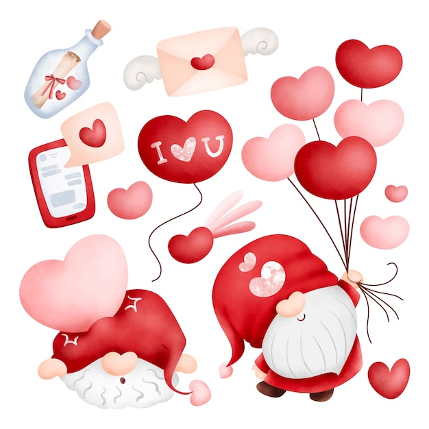 Vector waterverf illustratieset van valentine gnomes en liefdeselementen