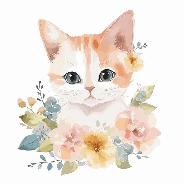 Vector waterverf kat met bloemen schattige dierlijke illustratie