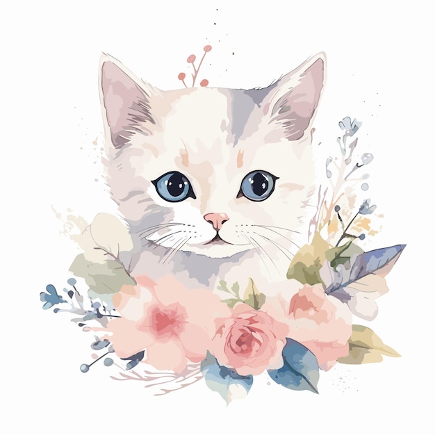 Vector waterverf kat met bloemen schattige dierlijke illustratie