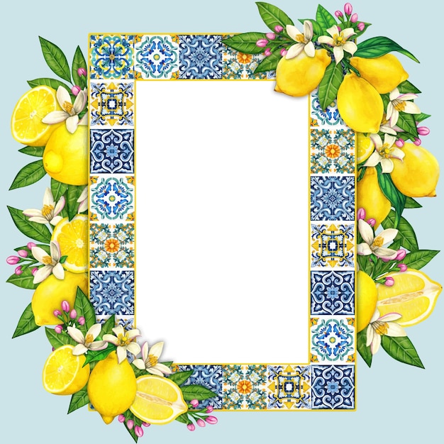Waterverf mediterraan frame met citroenen en traditionele tegels
