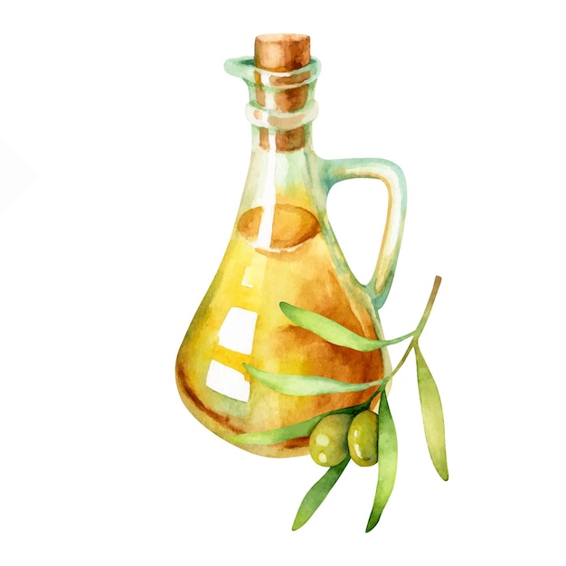 Waterverf met de hand getekende illustratie van olijfolie in een glazen fles met geïsoleerde groene olijven