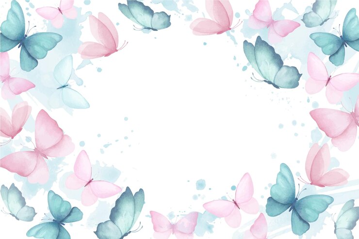 Vector waterverf rechthoekig frame of banner met illustratie van delicate blauwe en roze vlinders met waterverf abstracte splashes vlekken in ronde handgemaakte geïsoleerde