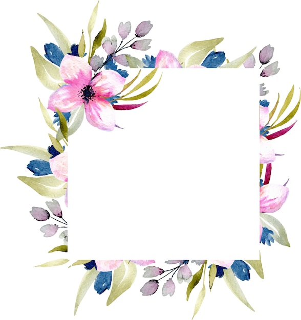 Vector waterverf roze en blauwe wildflowers en groen takkenframe