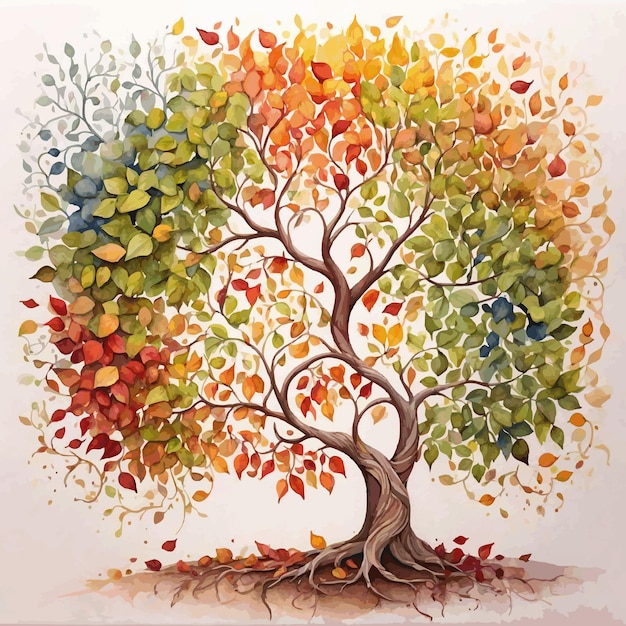 waterverf schilderij boom van het leven met veranderende seizoenen bladeren