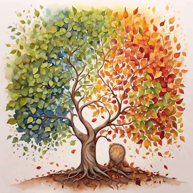 Vector waterverf schilderij boom van het leven met veranderende seizoenen bladeren